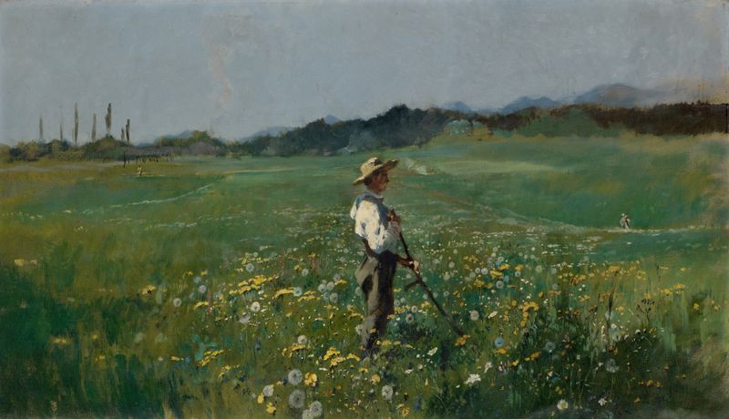 Reaper in a Flowery Meadow by Frank Buchser, oil painting featuring a reaper surrounded by colorful flowers.