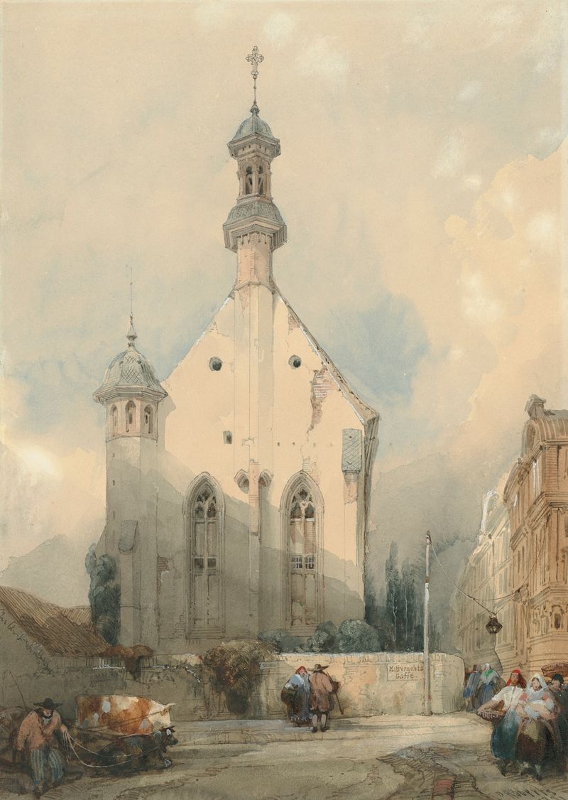 Figures by a church in Mainz, Germany, óleo sobre lienzo de David Roberts