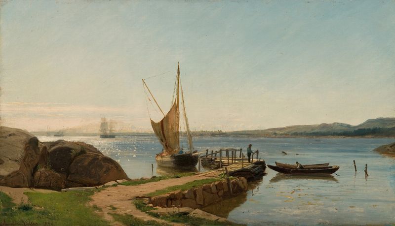 Paisaje con costa y atardecer de Amaldus Nielsen, pintura al óleo