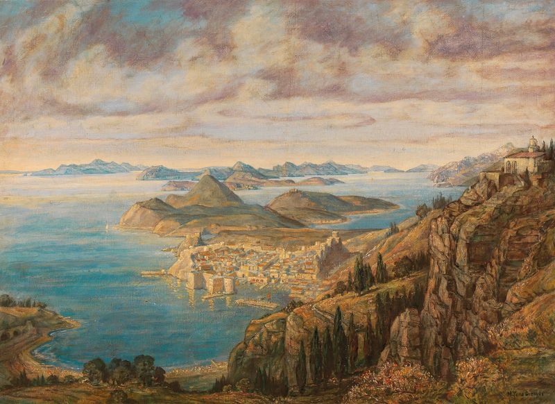 View of Dubrovnik by Michael Zeno Diemer, oil on canvas depicting ancient city walls at sunset.