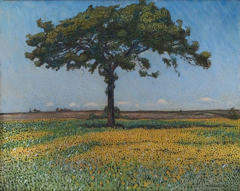 Young Oak de Nils Kreuger, óleo que muestra un joven roble en un paisaje sereno