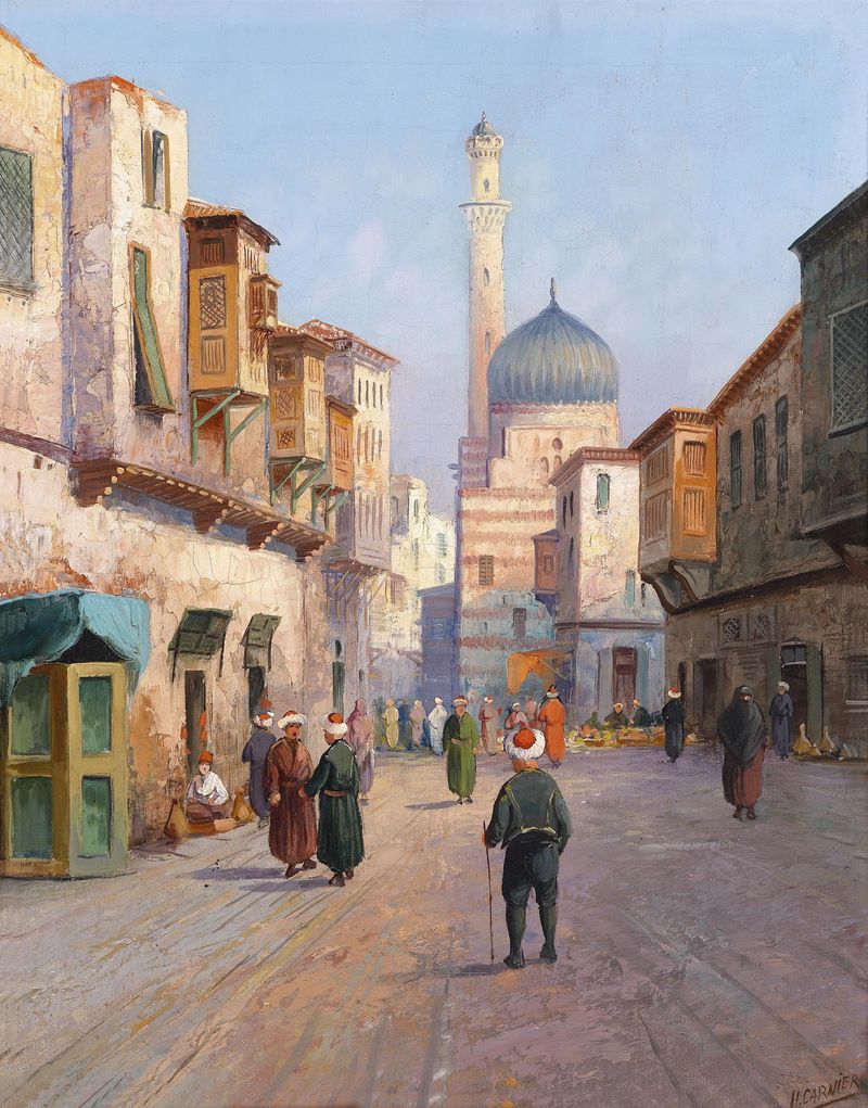 Escena de género que representa un mercado urbano con coloridos puestos de Karl Kaufmann