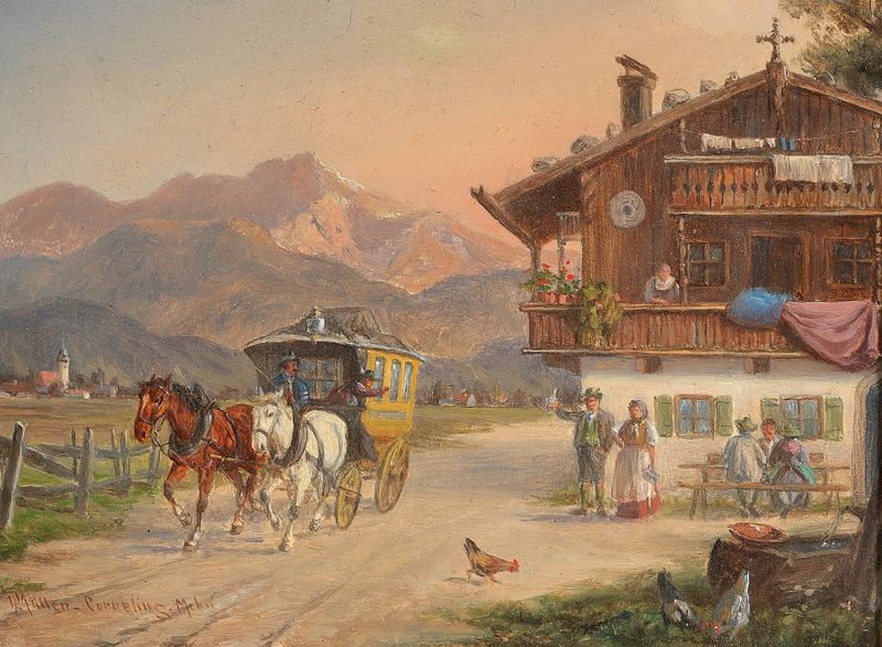 Landscape oil painting by Ludwig Müller-Cornelius depicting a coach in a muted atmosphere.