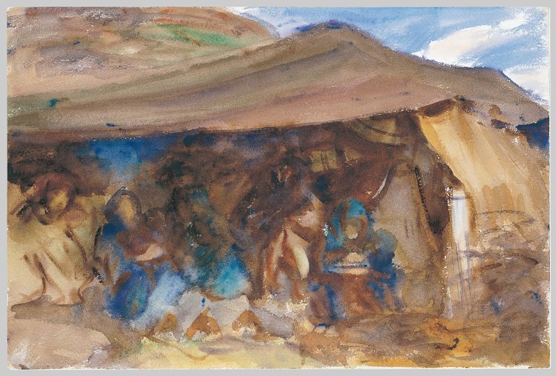 Bedouin Tent by John Singer Sargent, oil painting depicting intricate folds of fabric and warm colors