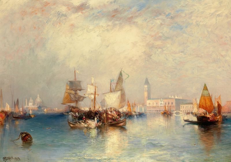 Veneza, Grande Canal de Thomas Moran, óleo sobre tela, apresenta água vibrante e arquitetura sob luz dourada