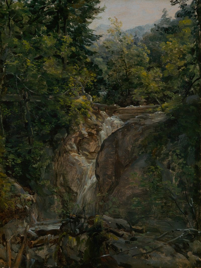 Wasserfall bei Ohlstadt by Johann Georg von Dillis, oil on canvas depicting a vibrant waterfall.