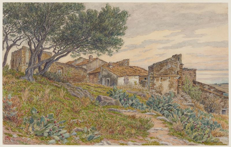 Aquarela de Henri Rivière retratando casas de vila em uma paisagem