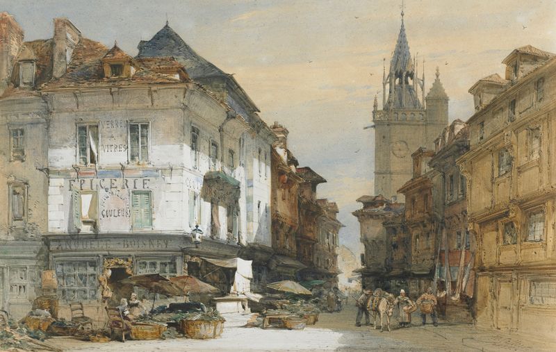 Acuarela de William Callow que representa un paisaje fluvial en Evereux, Francia