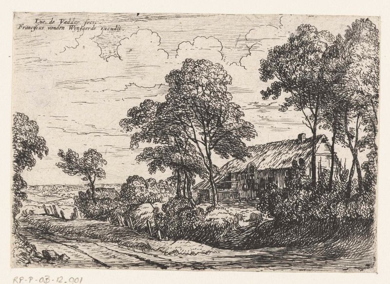 Etching by Lodewijk de Vadder depicting a thatched roof house and nature.
