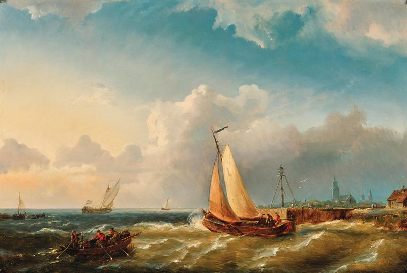 A Harbour View by Pieter Cornelis Dommersen, oil on canvas depicting a serene marine scene.