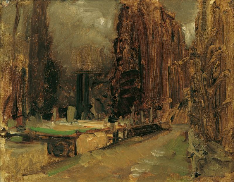 Óleo sobre lienzo de Emil Jakob Schindler que representa un cementerio con luz solar filtrándose a través de los árboles.