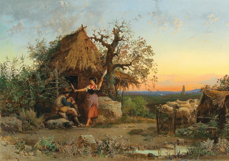 Cena de gênero representando um pastor com uma gaita, pintura a óleo de Hermann David Salomon Corrodi