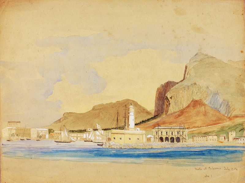 Moli at Palermo, óleo sobre tela de Miner Kilbourne Kellogg, apresentando uma figura graciosa em uma paisagem pastel.