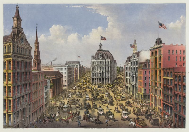 Lithograph of Broadway city street by Currier & Ives, depicting urban life in 1875.