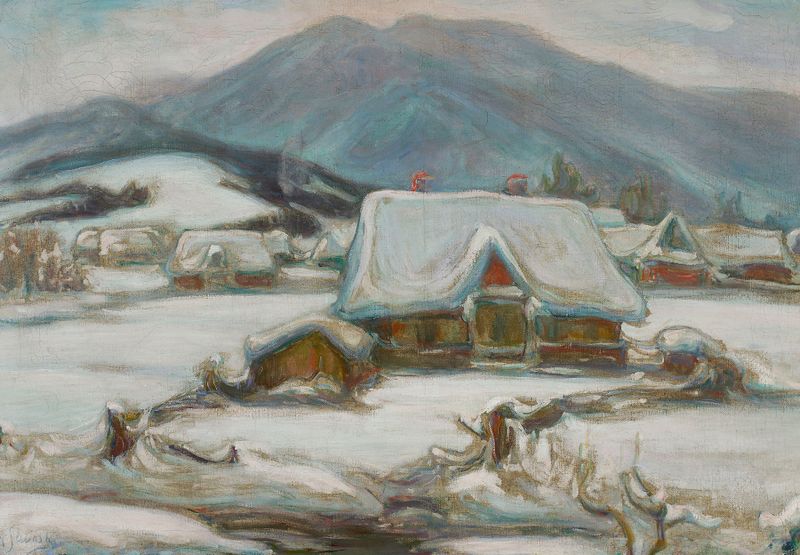 Cottages in the snow by Władysław Ślewiński, oil on canvas depicting snow-covered cottages in winter.