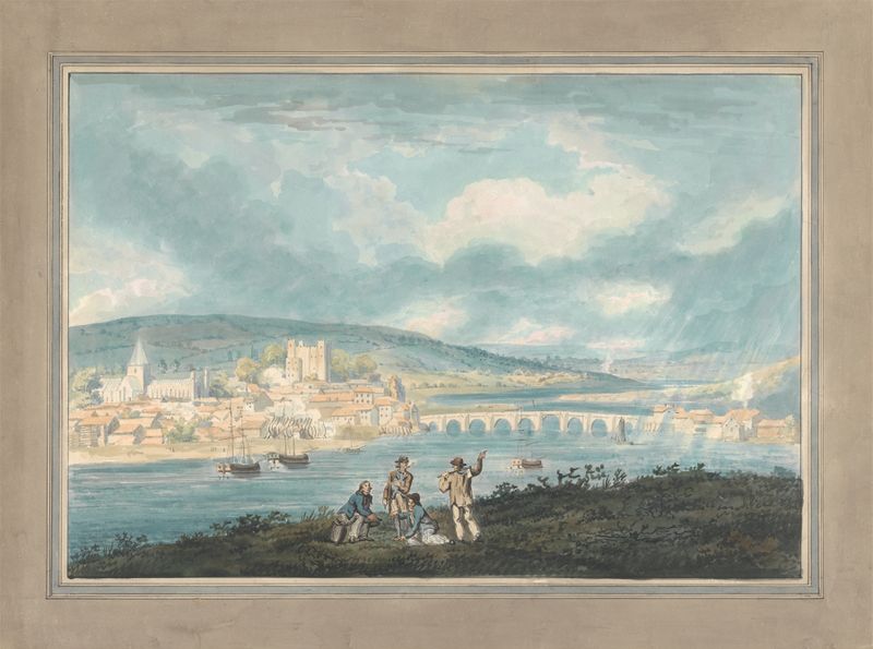 Rochester, Kent; from the North by Thomas Girtin, landscape depicting city ruins under a muted sky