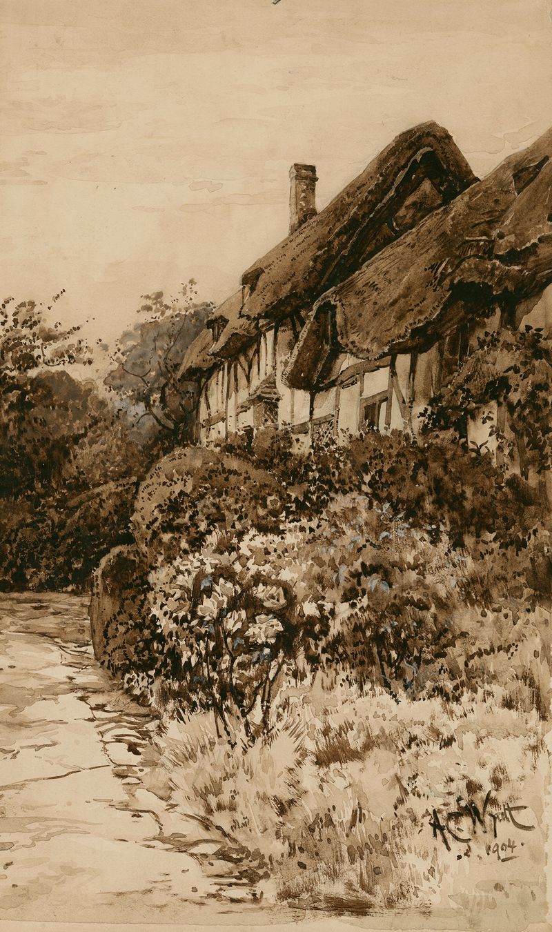 Cabaña de Ann Hathaway, óleo sobre lienzo de A.C. Wyatt, que representa un paisaje pintoresco con una cabaña de techo de p...