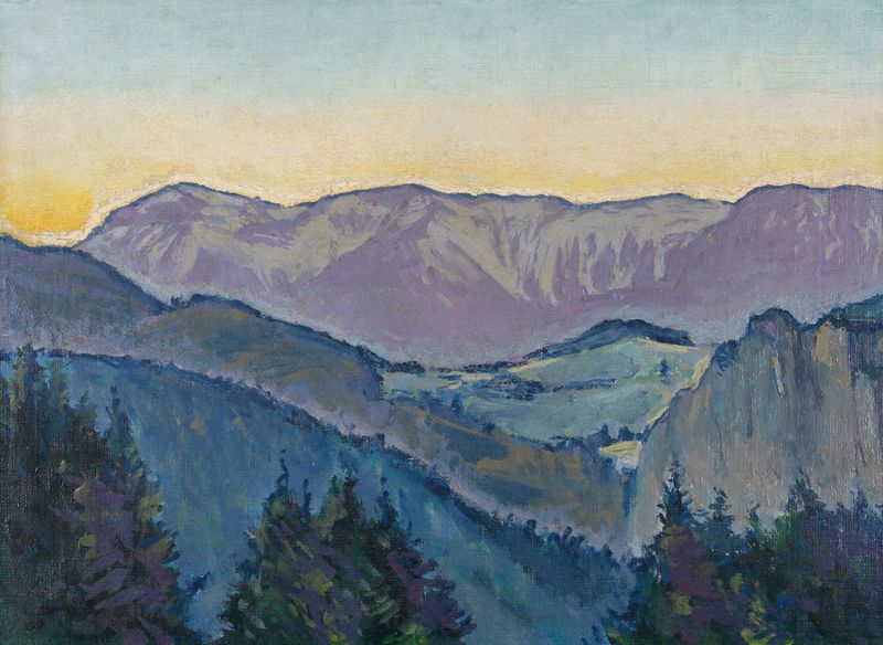 Landscape with mountains and evening sky by Koloman Moser, oil painting
