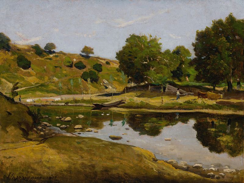 El Río de Henri-Joseph Harpignies, óleo sobre lienzo que representa un paisaje de río tranquilo.