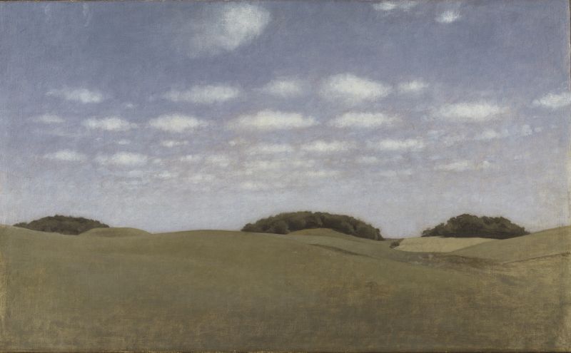 Landscape, From Lejre by Vilhelm Hammershøi, oil on canvas depicting a tranquil landscape.