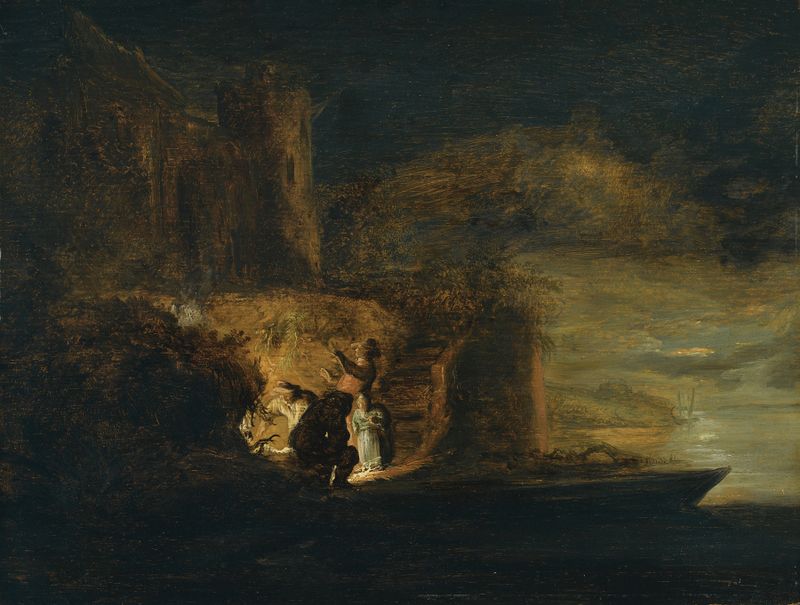 Figures around a fire on a river bank at night by Cornelis van der Schalcke, unknown medium