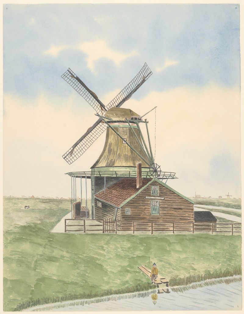 Oil on canvas by Johannes Nicolaas Eijman depicting a burnt windmill against the sky
