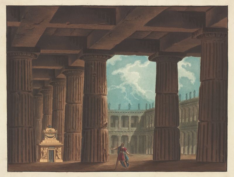 Atrio contiguo alla reggia di Ceruone by Alessandro Sanquirico, oil painting depicting an archway and garden.