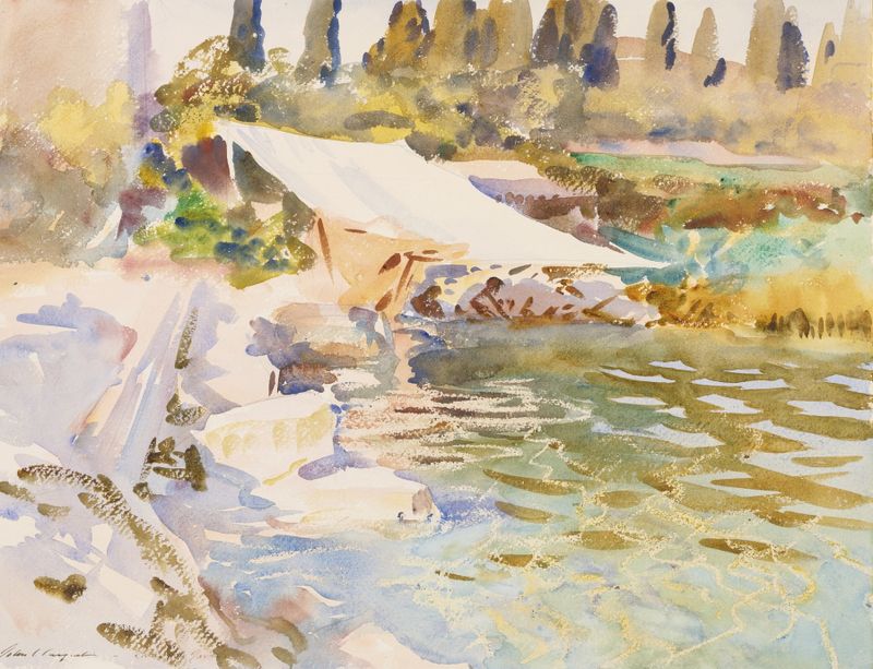 Lago de Garda de John Singer Sargent, óleo sobre lienzo, que representa aguas tranquilas y reflejos del crepúsculo.