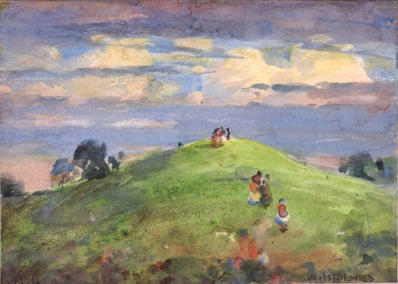 Paisaje impresionista de William Henry Holmes, que muestra un atardecer sobre colinas y un río.
