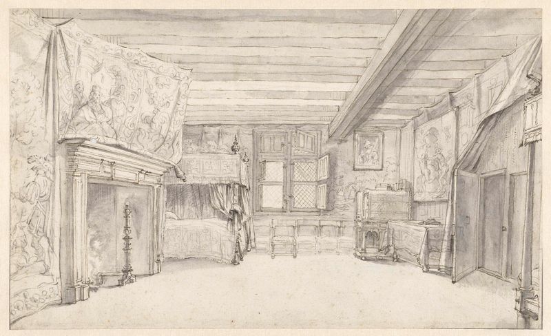 Escena interior con una cama con dosel, óleo sobre panel de Adriaen Pietersz van de Venne