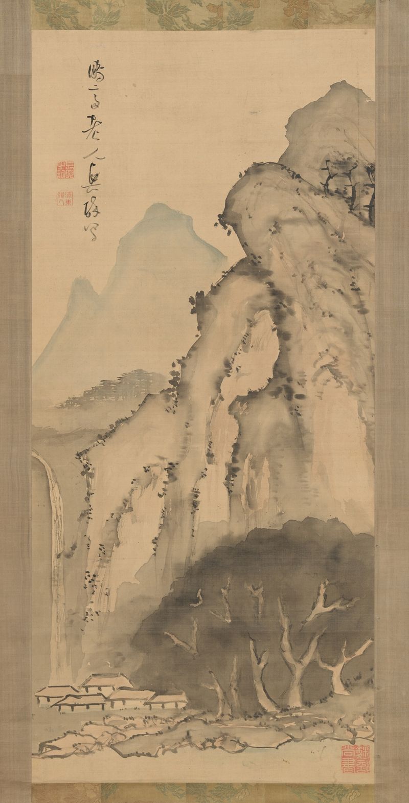 Paisaje con Cascada de Kameda Bōsai, tinta sobre papel, que representa una cascada serena y vegetación exuberante.