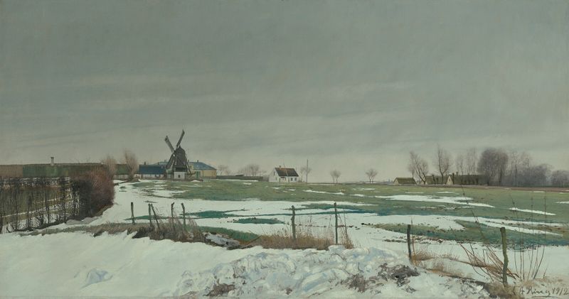 Winter landscape with a windmill by Laurits Andersen Ring, oil painting