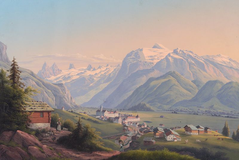 Landscape depicting dynamic waves in rich blues and greens by Konrad Corradi