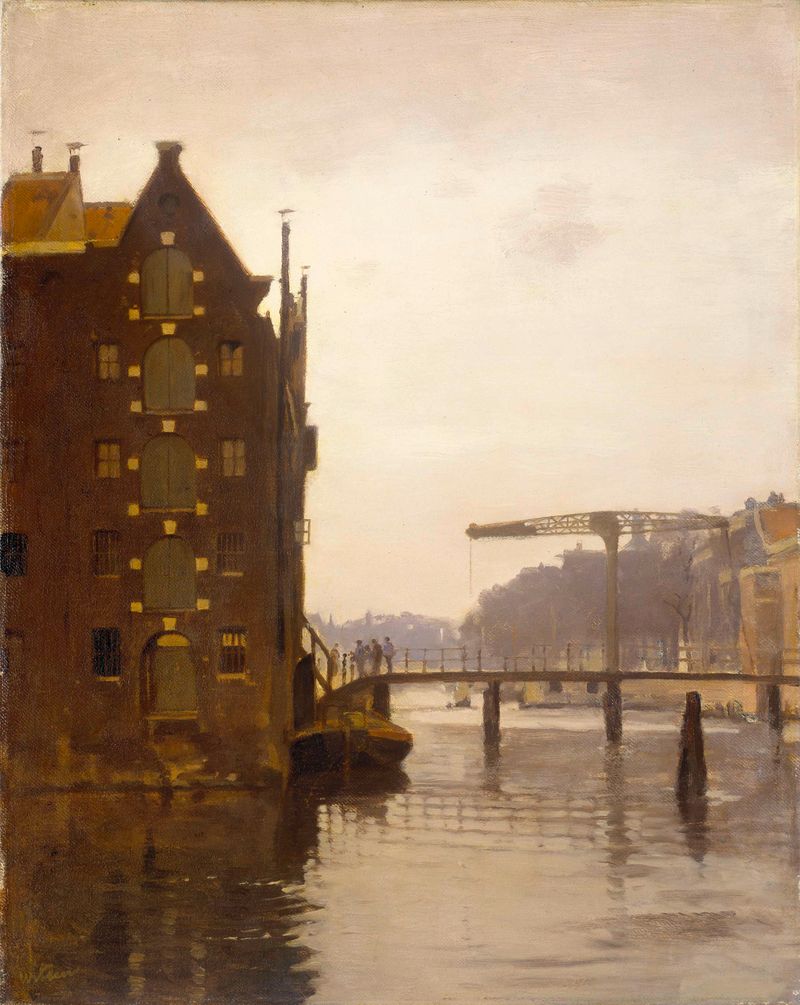 Landscape oil painting by Willem Witsen featuring a canal and reflections