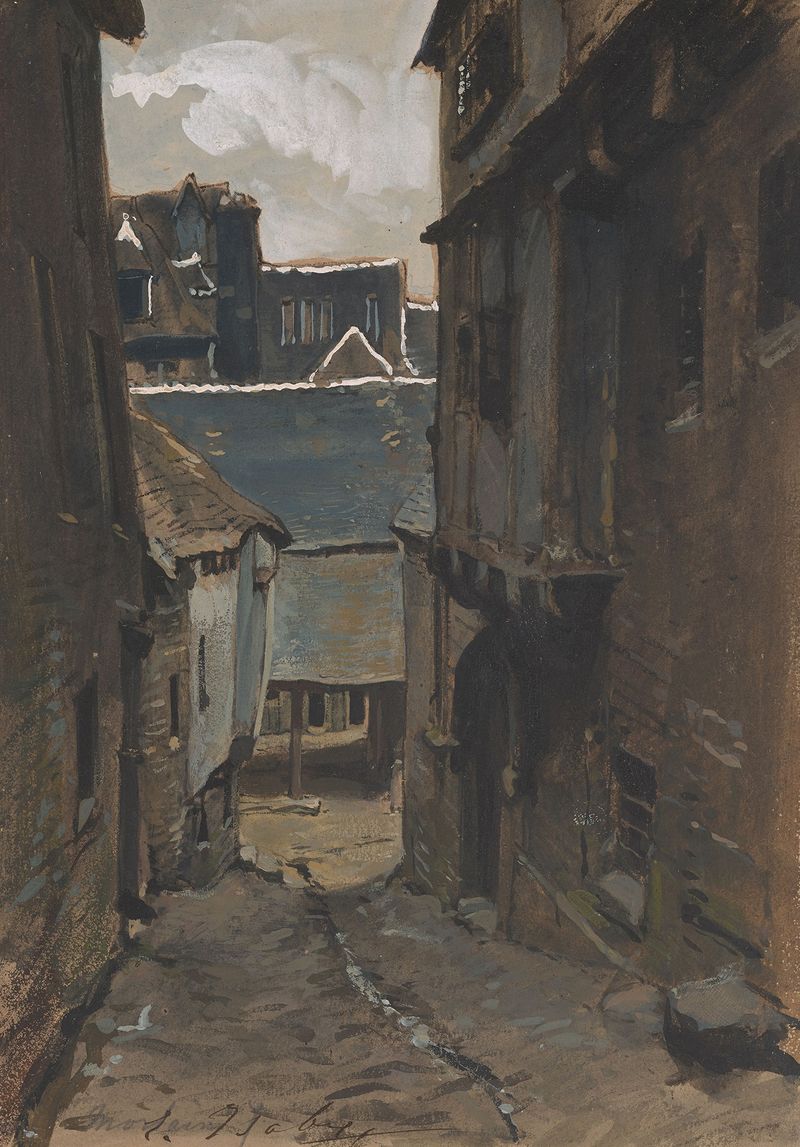 A Street in Morlaix de Eugène Isabey, retratando uma rua estreita com paralelepípedos, edifícios históricos e cores suaves.