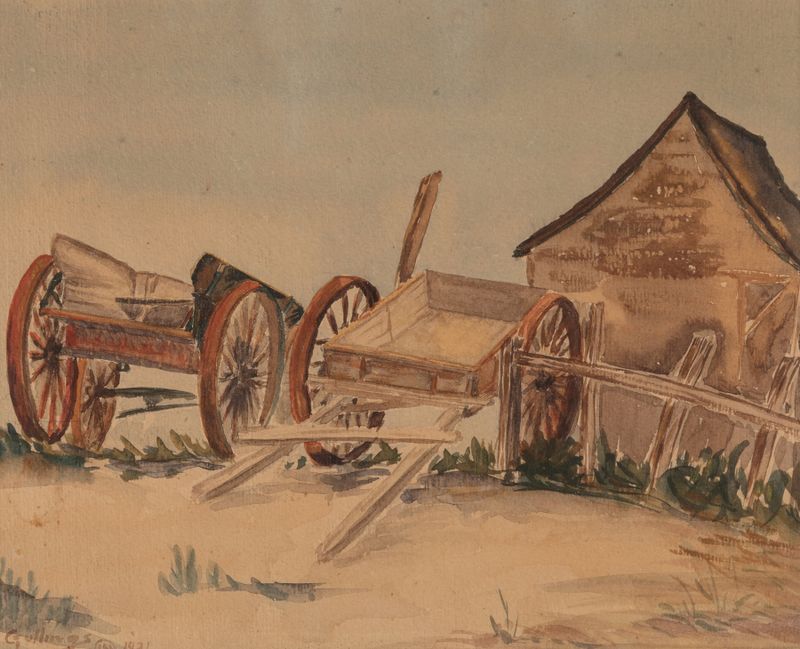 Wagons by Elling William Gollings, realism, depicting weathered wagons in a natural landscape