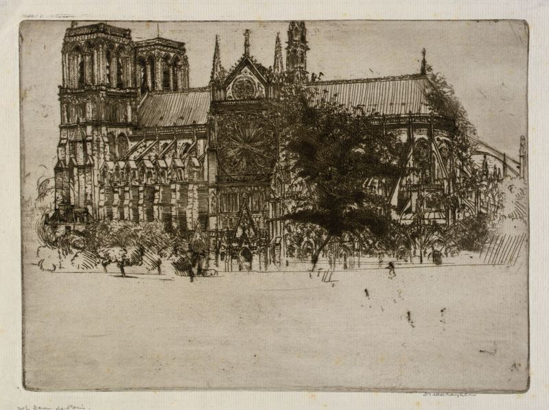 Notre-Dame de Paris by Donald Shaw MacLaughlan, oil painting depicting gothic architecture at sunset