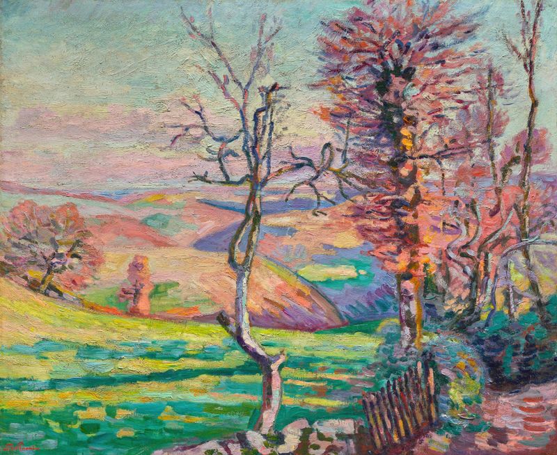 Paysage de Crozant by Armand Guillaumin, oil on canvas depicting a landscape with a river and vibrant foliage