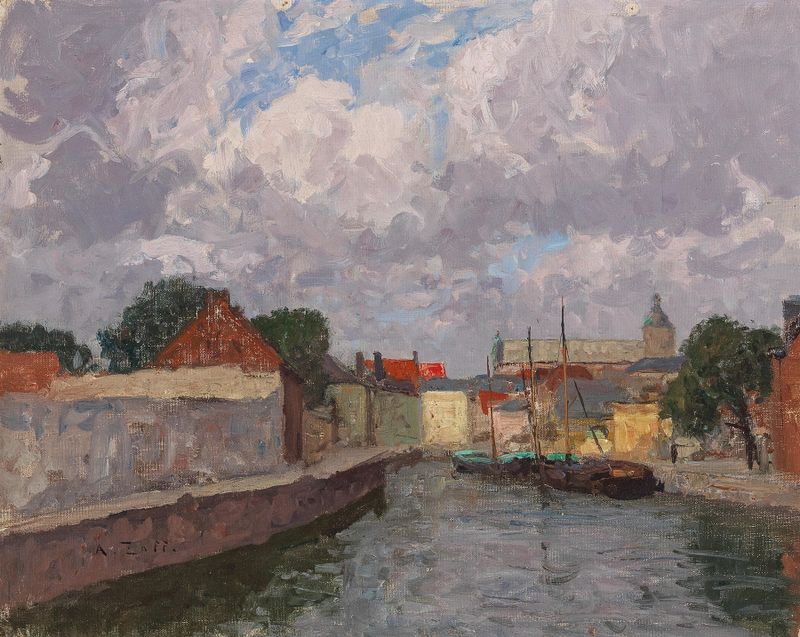A Canal with Boats before a Town, óleo sobre tela de Alfred Zoff