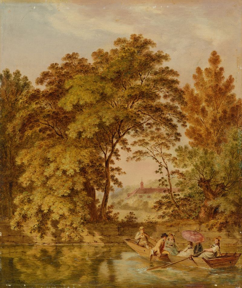 Paisaje junto al lago con un bote y reflejos, óleo sobre lienzo de Franz Niklaus König