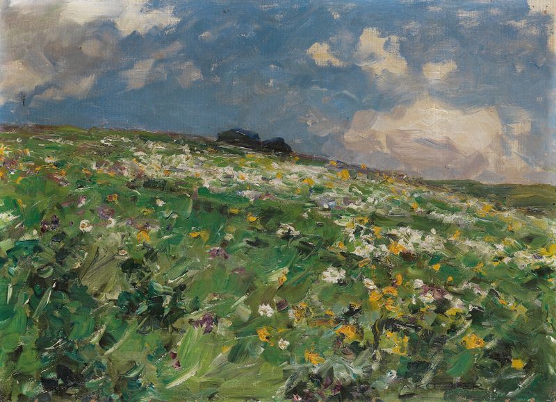 Sommerwiese by Alexander Koester, oil on canvas depicting a lake and meadow at sunset.