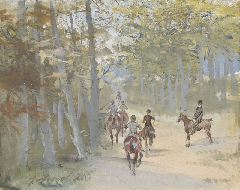 Paisagem com cavaleiros, óleo sobre tela de Jules Baron Finot