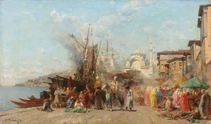 A market scene with stalls and people near Nusretiye Camii mosque by Alberto Pasini, oil painting.