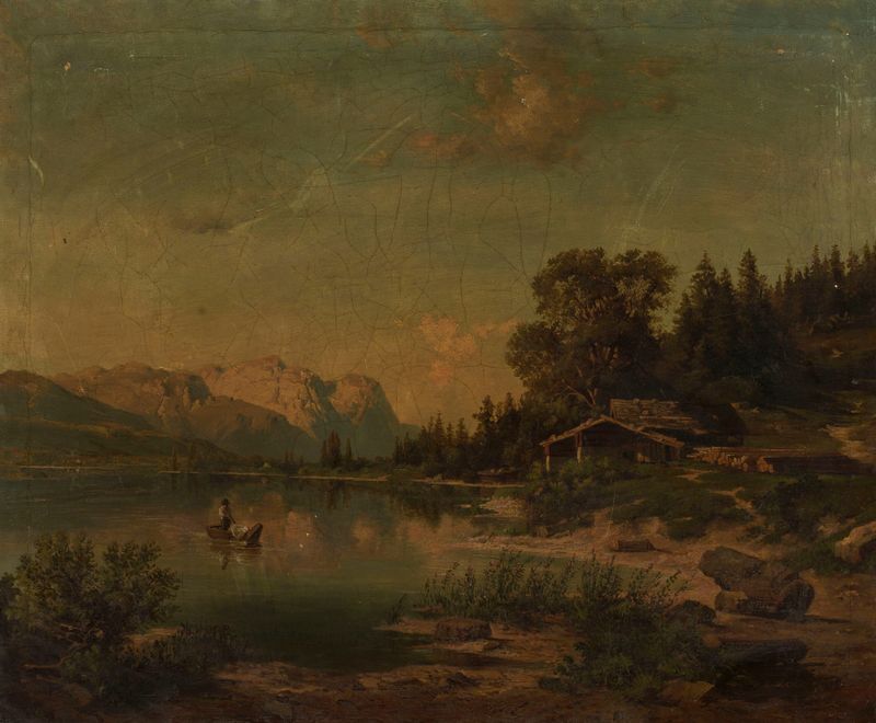 Lake in the mountains de Karl Müller, óleo sobre tela que retrata um lago tranquilo refletindo nuvens e montanhas.