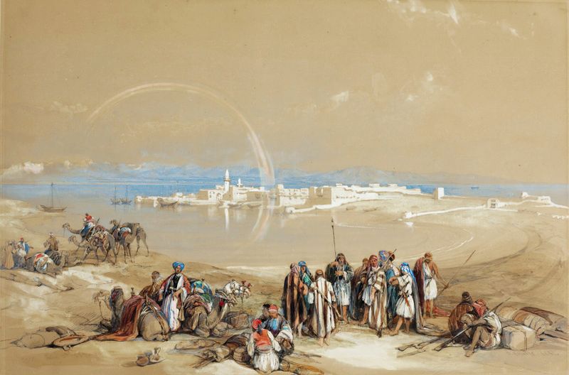 Pintura al óleo de paisaje de David Roberts que representa agua, horizonte y nubes