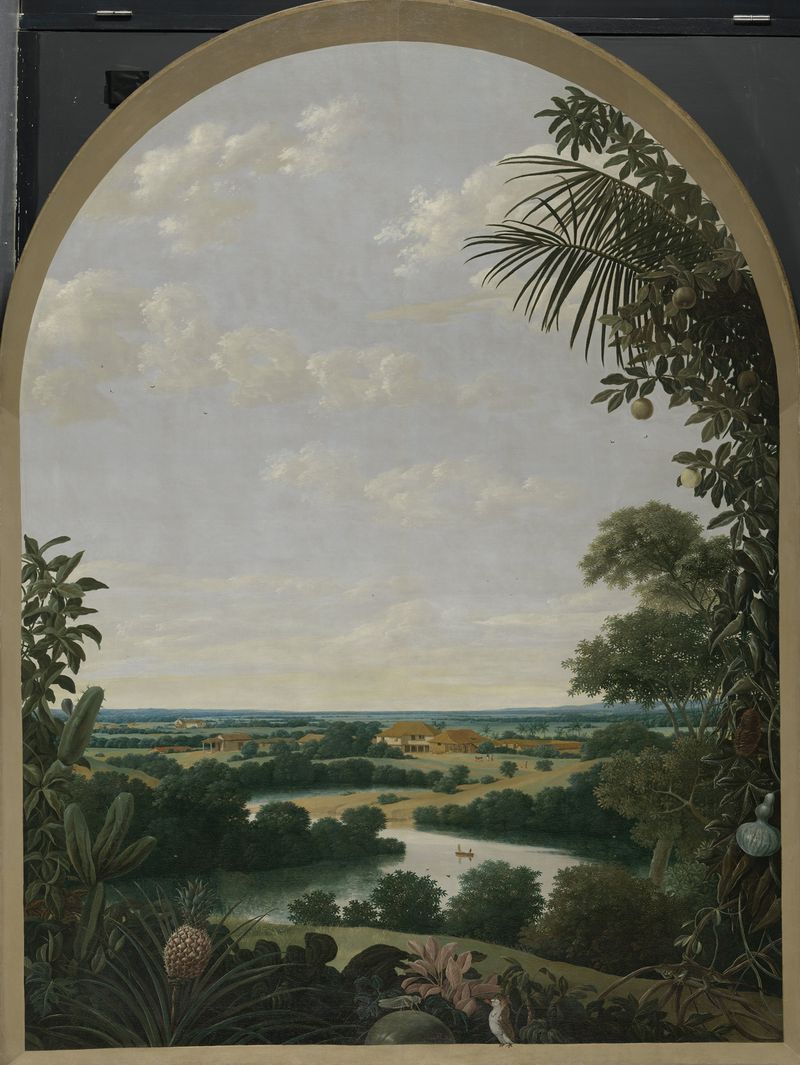 Landscape in Brazil by Frans Post, oil on canvas, depicting hills, a river, and a colorful sky.
