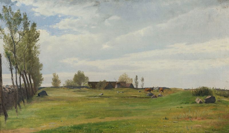 Landscape oil painting by Otto Haslund depicting a paddock with golden light and lush greenery.