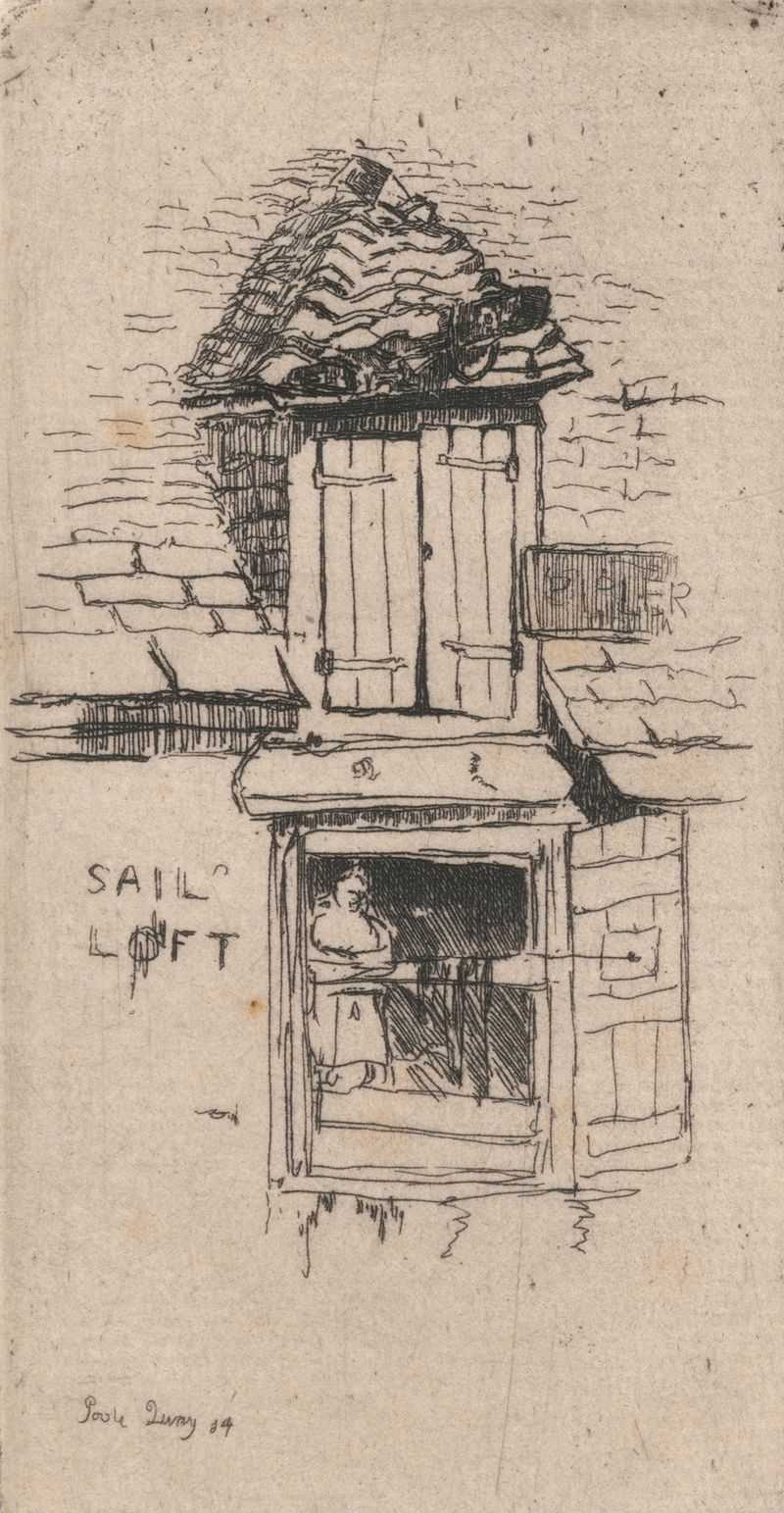 Sail-loft, Poole de Sir Frank Short, que representa velas y barcos en un entorno marino.