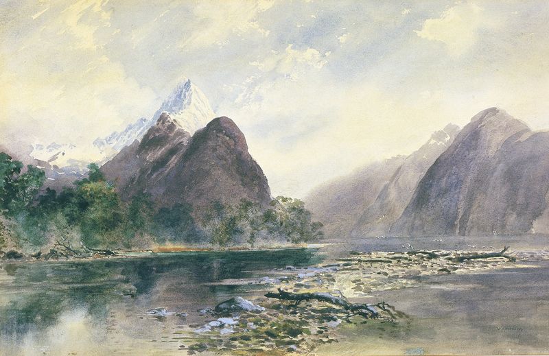 Mitre Peak, Milford Sound by William Mathew Hodgkins, oil painting depicting mountains and water.