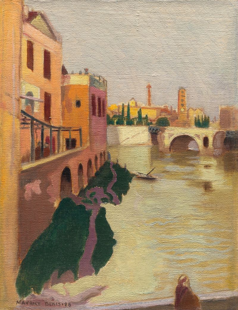 Île du Tibre ou île San Bartolomeo, Roma de Maurice Denis, pintura a óleo de uma paisagem de rio tranquila.